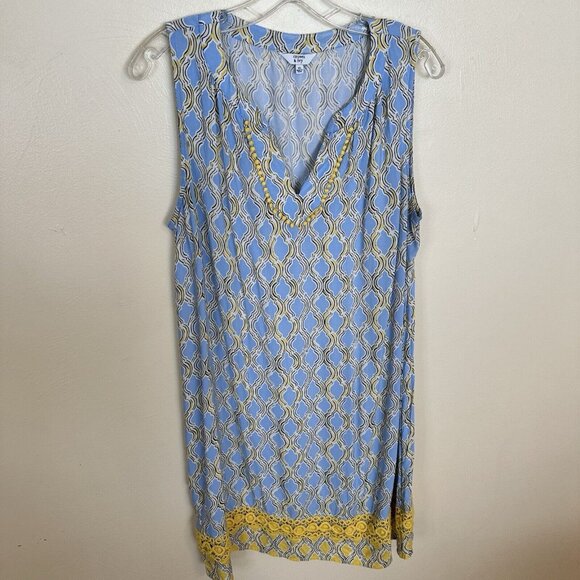 Crown & Ivy Womens Mini Shift Dress XL Blue Yellow Crochet Sleeveles Rayon - Picture 1 of 9